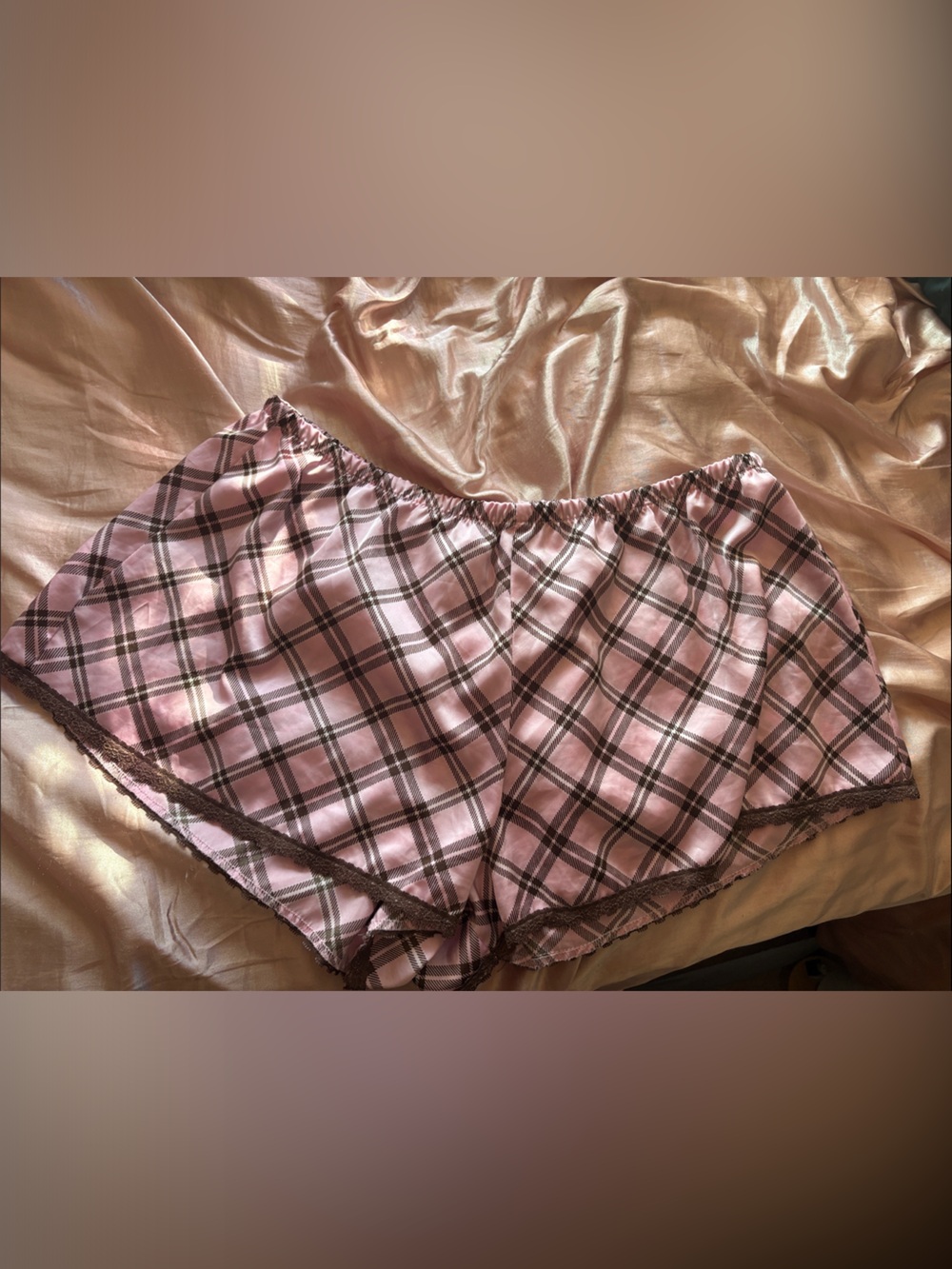 wild fable Pink Plaid Satin Pajama Lounge Shorts with Lace